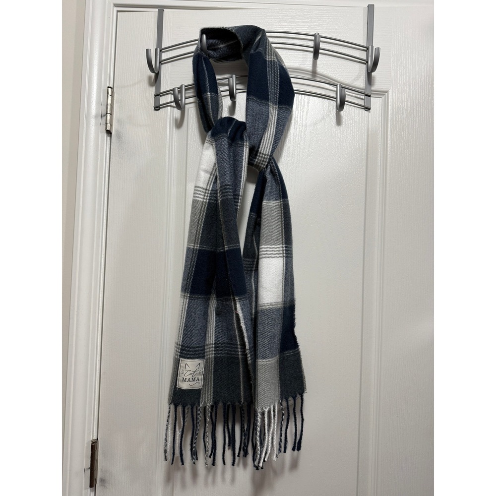 Fashion by‎ Mirabeau Plaid Scarf Cat Mama Design Blue Gray White Fringe